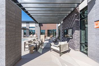 Poolside patio with chairs